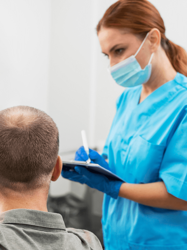 Mujer del equipo especialista en tratamientos capilares con un paciente al que realiza un estudio capilar gratuito en nuestra clínica especialista en injerto capilar